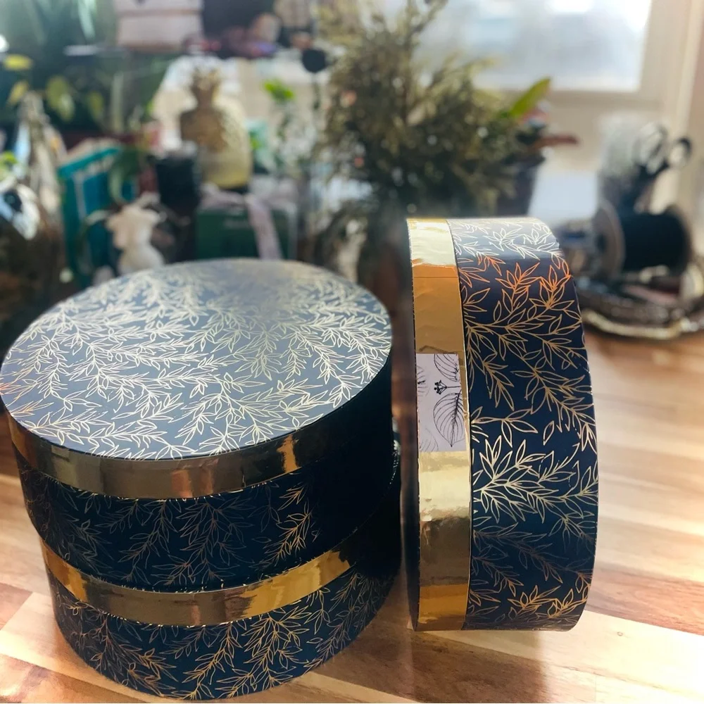 12” || Navy Metallic Floral Fashion Hat Lingerie Intimates Round Gift Decor Box